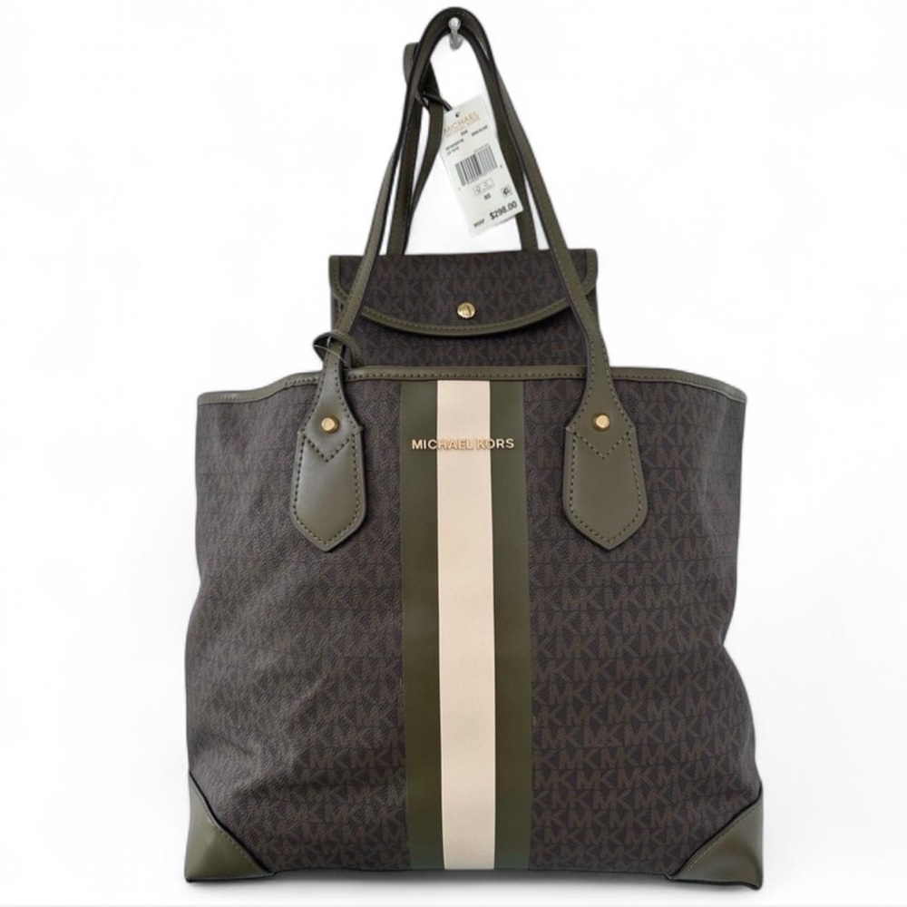 Michael Michael Kors Eva Large Tote With Snap Pouch Signature Logo Stripe Brown